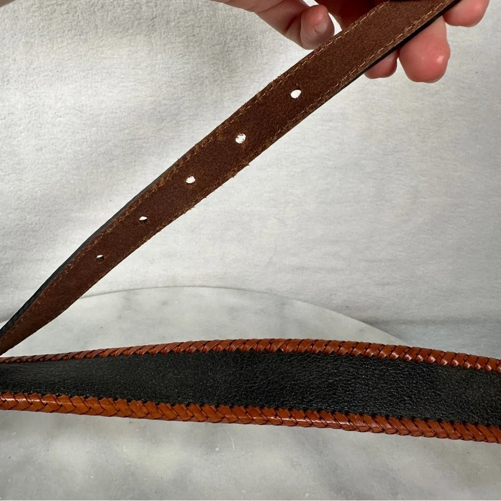 Brown Leather belt western‎ black tooled stitching Silver Buckle cowboy cowgirl